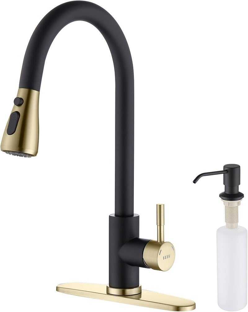 Keer Matte Black Single Handle Pull Down Kitchen Faucet with Soap Dispenser, 3 Modes Sprayer, Easy Assembly, Single Handle High Arc Stainless Steel Faucet - Image 1